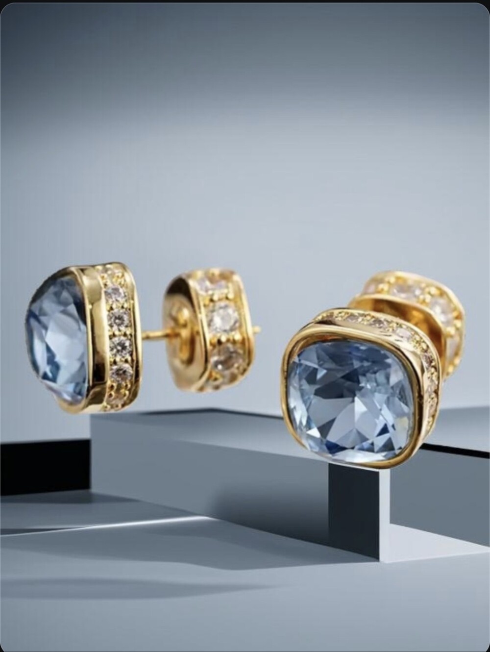 18k Gold Plated Icey Blue Aquamarine Cubed Crystal Stud Earrings
